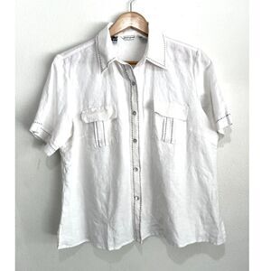 Richard Malcolm button up Irish linen shirt classic contrast stitch women L
